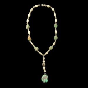 Genuine Green Turquoise Lariat Necklace with Fresh Water Pearls w/ Smokey Quartz